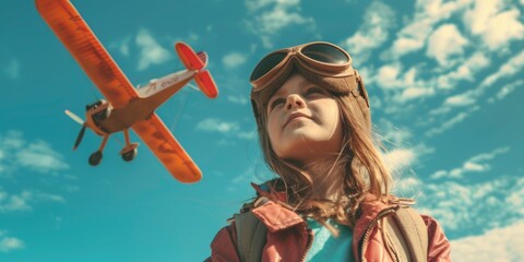 A young girl gazing at a toy plane. Ideal for children's book illustrations