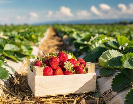 Erdbeeren Ernte auf dem Feld mit Kiste