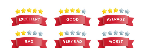 Vector 3d set of red ribbon banners with various quality ratings from excellent to worst, with five star ratings. Realistic cartoon 3d render feedback, customer review concept for web, ui, game, app