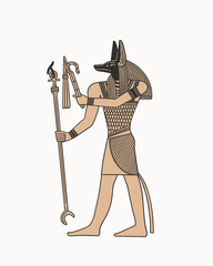 Ancient Egyptian god Anubis. God of funeral rituals and mummification in Ancient Egypt. Deity with head of wolf-jackal. Mythical character of ancient world, the god of the afterlife in full growth.