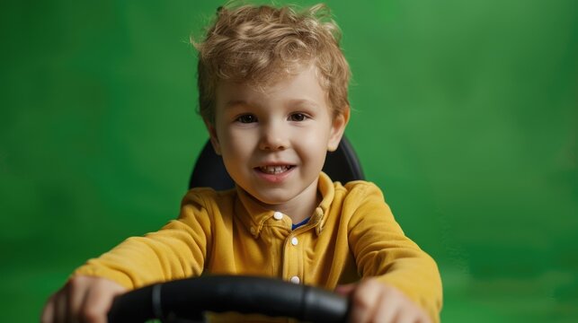 A young boy sitting in a toy car. Suitable for children's products advertising
