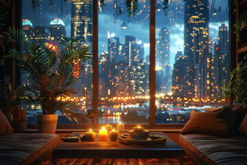 Fototapeta na wymiar Café interior with window coffee table and night city view with lights