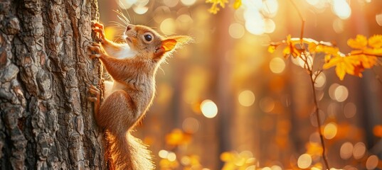A cute squirrel is climbing on the tree trunk in an autumn forest, panoramic view. The squirrel...