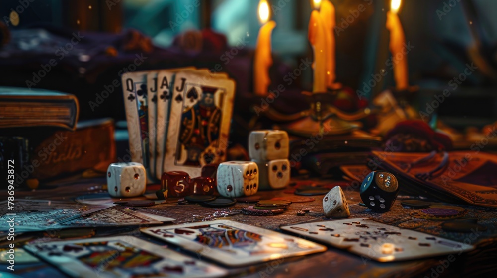 Poster a table with various gaming items and candles, perfect for game night invitations