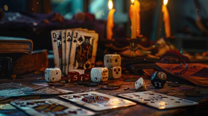 A table with various gaming items and candles, perfect for game night invitations