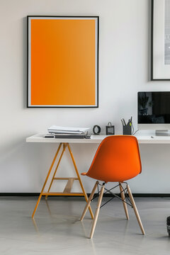 Sleek office space with vibrant accents and a blank white frame, encouraging productivity and focus.