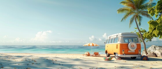 Travel holiday, summer vacation, van and beach accessories with beautiful ocean background in 3D.