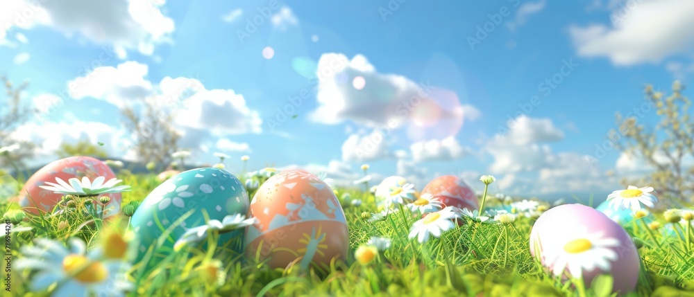 Aufkleber 3d rendering of a meadow with colorful eggs and daffodils under a beautiful sky during easter.