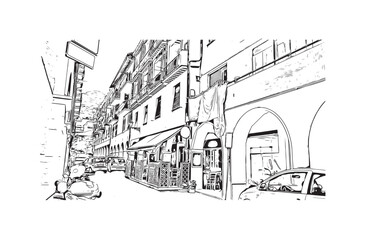 Print Building view with landmark of Ligûria is a region in Italy. Hand drawn sketch illustration in vector.