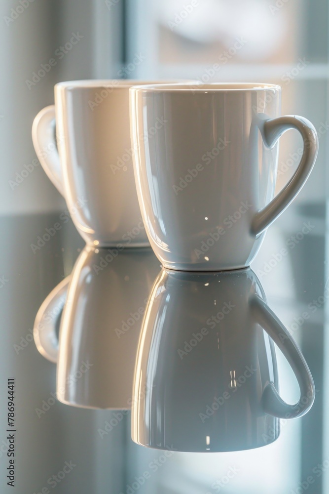 Poster simple and elegant image of two white coffee cups on a glass table. suitable for coffee shop promoti