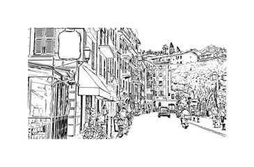 Print Building view with landmark of Ligûria is a region in Italy. Hand drawn sketch illustration in vector.