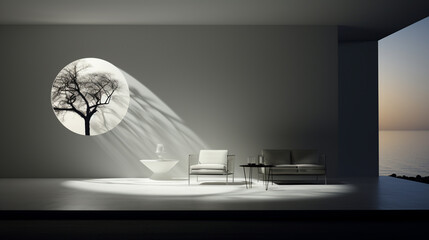 Soft moonlight casting shadows in a minimalistic, sleek, modern room devoid of any clutter.