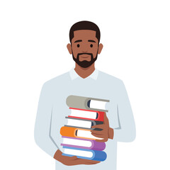 Young man holding a pile of educational books in hands. Student carrying huge stack of books. Flat vector illustration isolated on white background