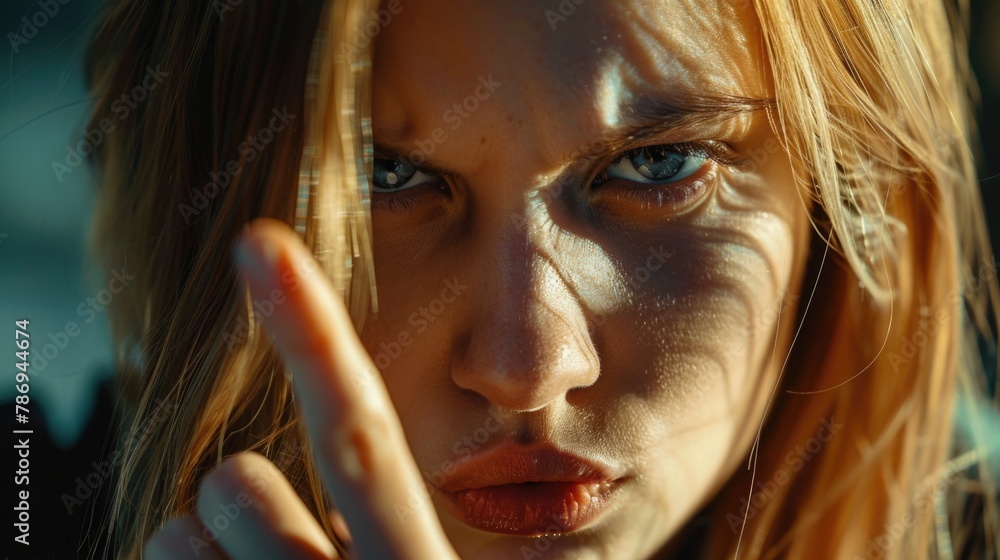 Poster close up of a person making a peace sign gesture, suitable for various concepts and designs