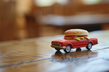 Toy car with a hamburger on top, perfect for food delivery concepts
