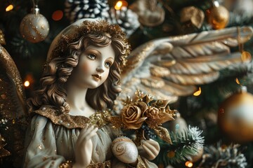 Fototapeta premium Angel statue holding a flower in front of a Christmas tree. Perfect for holiday decorations