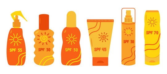 Sunscreen cosmetic set. Different SPF sunblock summer cosmetic: lotion, spray, cream. Anti UV protection, solar skincare products, healthy sunbathing concept.