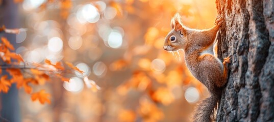 A cute squirrel is climbing on the tree trunk in an autumn forest, panoramic view. The squirrel...