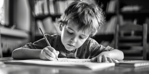 A young boy sitting at a table writing on a piece of paper. Suitable for educational and creative projects - obrazy, fototapety, plakaty
