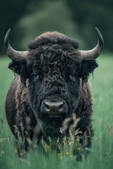 A majestic black bull standing in a field of tall grass. Suitable for agricultural and animal themes