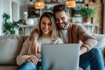 Couple relaxing on sofa together, using laptop in cozy living room setting, comfortable home leisure and technology concept
