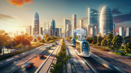 Photorealistic illustration of a future city full of technology