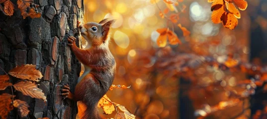 Foto op Canvas A cute squirrel is climbing on the tree trunk in an autumn forest, panoramic view. The squirrel holds its paws on the tree bark on a sunny day. Natural scene and wildlife concept. © Sabina Gahramanova