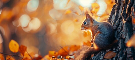 A cute squirrel is climbing on the tree trunk in an autumn forest, panoramic view. The squirrel holds its paws on the tree bark on a sunny day. Natural scene and wildlife concept.