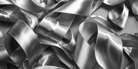 A close up of a bunch of silver ribbons. Ideal for backgrounds or decorations