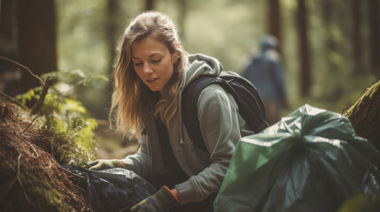 young volunteer collecting trash and cleaning outdoors in tropical forest, ecology and sustainability