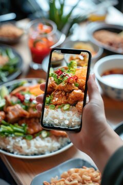 A person capturing an image of a delicious meal, suitable for food bloggers or restaurant promotions