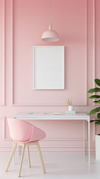 Soft pastel hues blend harmoniously in a sleek office space, with a blank white frame poised to capture the essence of creativity in its purest form.