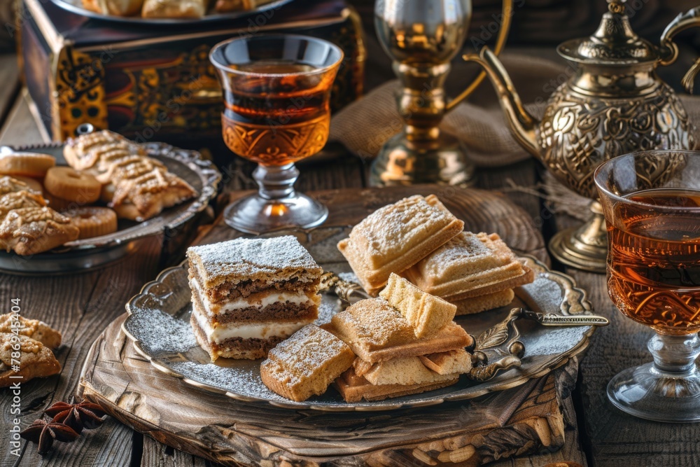 Poster a table with plates of food and a glass of tea, suitable for various dining concepts