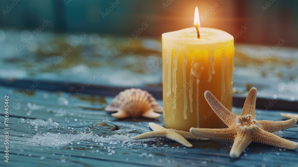 Poster A peaceful image of a lit candle on a wooden table. Suitable for various cozy and relaxing themes