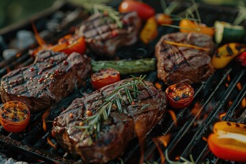 Delicious steaks and vegetables cooking on a grill. Perfect for food and cooking concepts