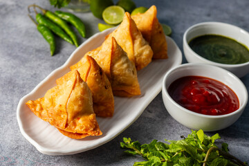 selective focus Samosa, Spiced potato-filled pastry, crispy, Savory, popular Indian snack with tomato and mint chutney. 