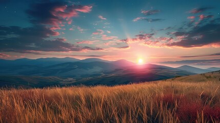 day and night time change concept. Alpine meadow with tall grass on a background of mountains with sun and moon at twilight - obrazy, fototapety, plakaty