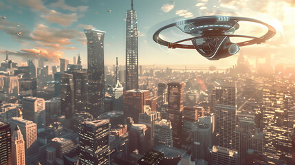 Realistic Concept of private air vehicle in developed city - obrazy, fototapety, plakaty