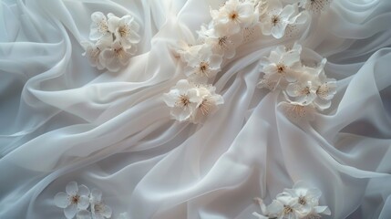 Close-up of white cloth with delicate flowers, perfect for textile backgrounds
