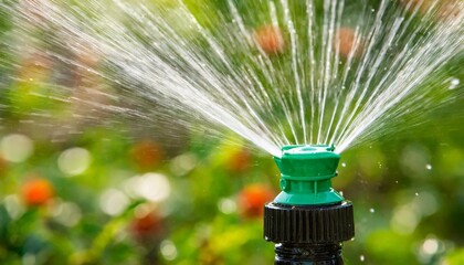 Garden sprinkler watering plants in sunlight - obrazy, fototapety, plakaty