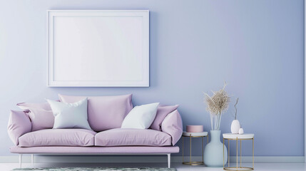 Soft pastel tones define the interior of this contemporary living space, with a lavender sofa and a clean white empty frame serving as focal points against the wall. - obrazy, fototapety, plakaty