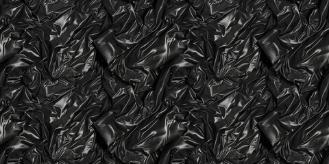 Black crumpled plastic bag texture seamless pattern, repetitive background, recycling concep