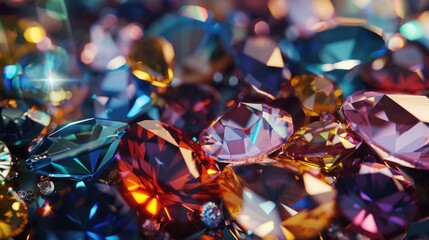 Close-up view of various colored diamonds, perfect for jewelry or gemstone concepts - obrazy, fototapety, plakaty