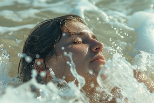 A serene image of a woman with her eyes closed in the water. Perfect for relaxation or mindfulness concepts