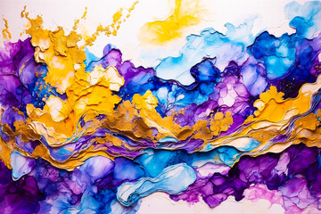 Abstract Painting Drawn With Alcohol Ink In Blue Purple Color With Addition Of Yellow