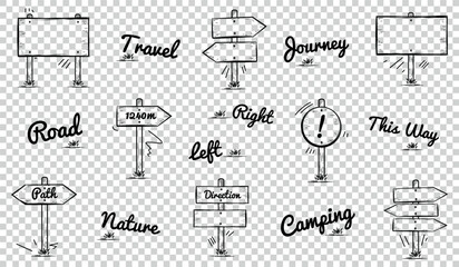 Wooden Signpost Icons Set - Different Simple Travel Doodle Vector Illustrations Isolated On Transparent Background