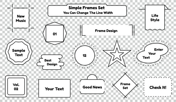 Flat Frames Set - Black And White Vector Illustrations Isolated On Transparent Background