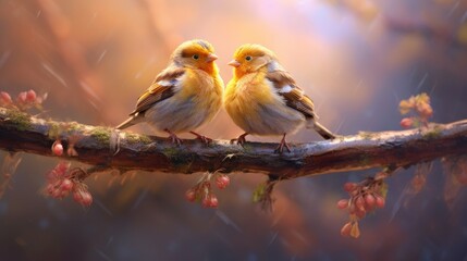 Couple of romantic cardinal birds on a branch. Love concept