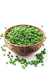 Fototapeta na wymiar Fresh green peas in a rustic wooden bowl, suitable for food and cooking concepts