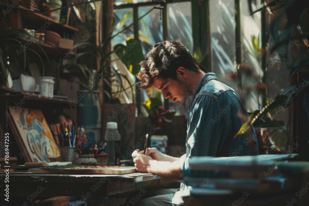 Aufkleber a man sitting at a table writing on a piece of paper. suitable for business and education concepts